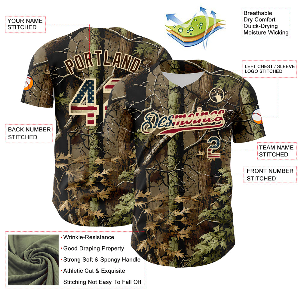 Custom Camo Vintage USA Flag Cream-Brown Woodland Forest Tactical Camouflage Outdoor Leaf Authentic Baseball Jersey
