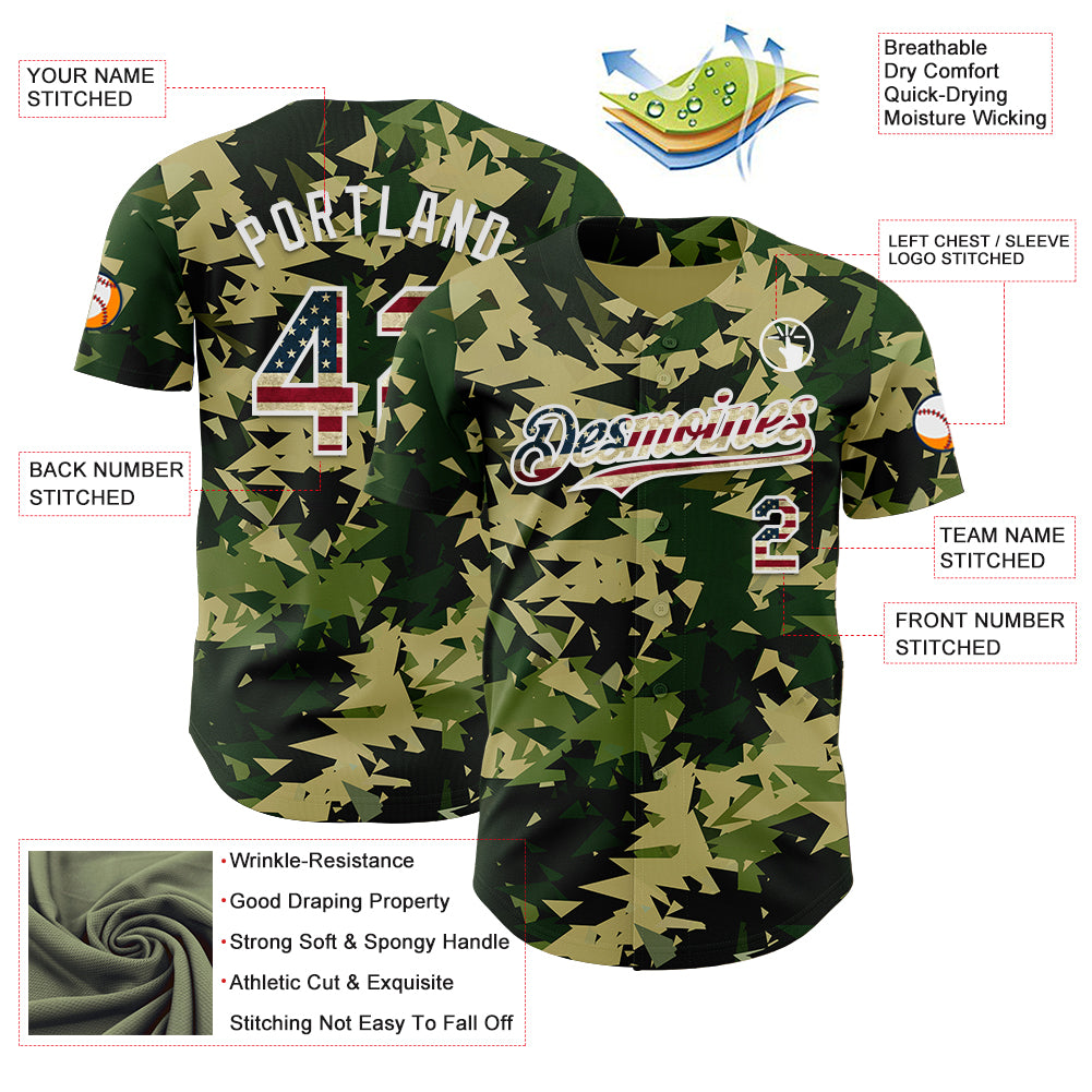 Custom Camo Vintage USA Flag Cream-White Woodland Geometric Camouflage Authentic Baseball Jersey