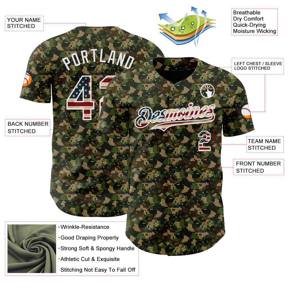 Custom Camo Vintage USA Flag-White Digital Camouflage Authentic Baseball Jersey