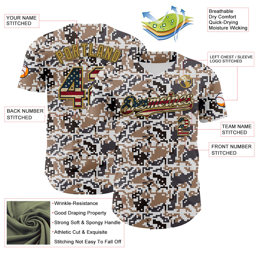 Custom Camo Vintage USA Flag Black-Old Gold Digital Camouflage Authentic Baseball Jersey