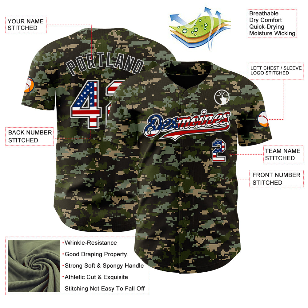 Custom Camo USA Flag Black-White Digital Camouflage Authentic Baseball Jersey