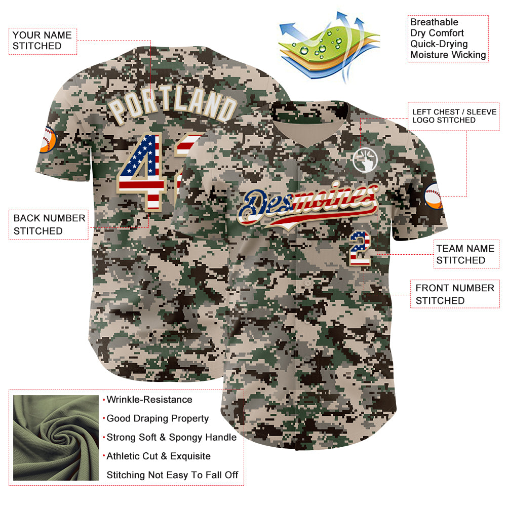 Custom Camo USA Flag Vegas Gold-White Digital Camouflage Authentic Baseball Jersey