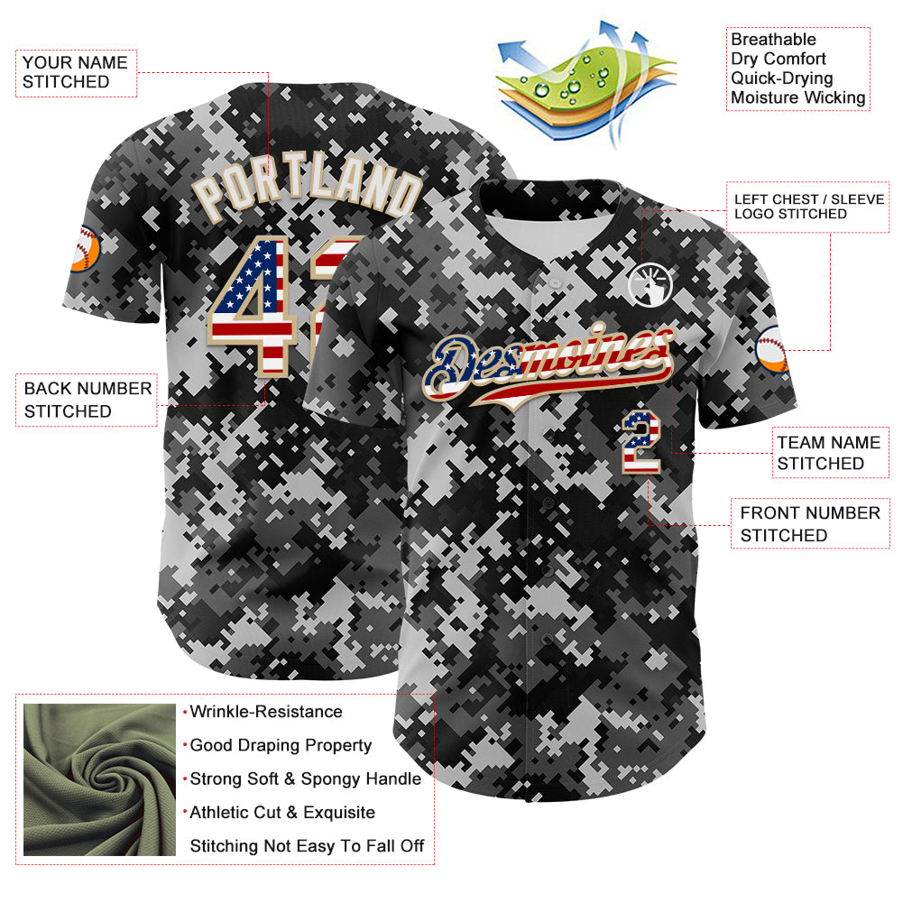 Custom Camo USA Flag Vegas Gold-White Digital Camouflage Authentic Baseball Jersey