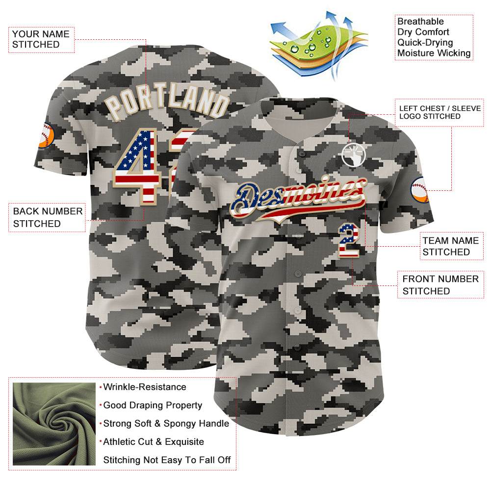 Custom Camo USA Flag Vegas Gold-White Digital Camouflage Authentic Baseball Jersey