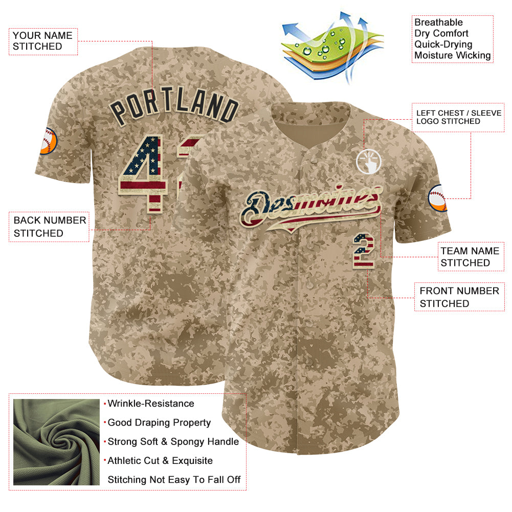 Custom Camo Vintage USA Flag Cream-Black Geometric Camouflage Authentic Baseball Jersey