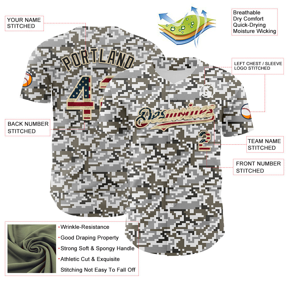 Custom Camo Vintage USA Flag Cream-Black Digital Camouflage Authentic Baseball Jersey