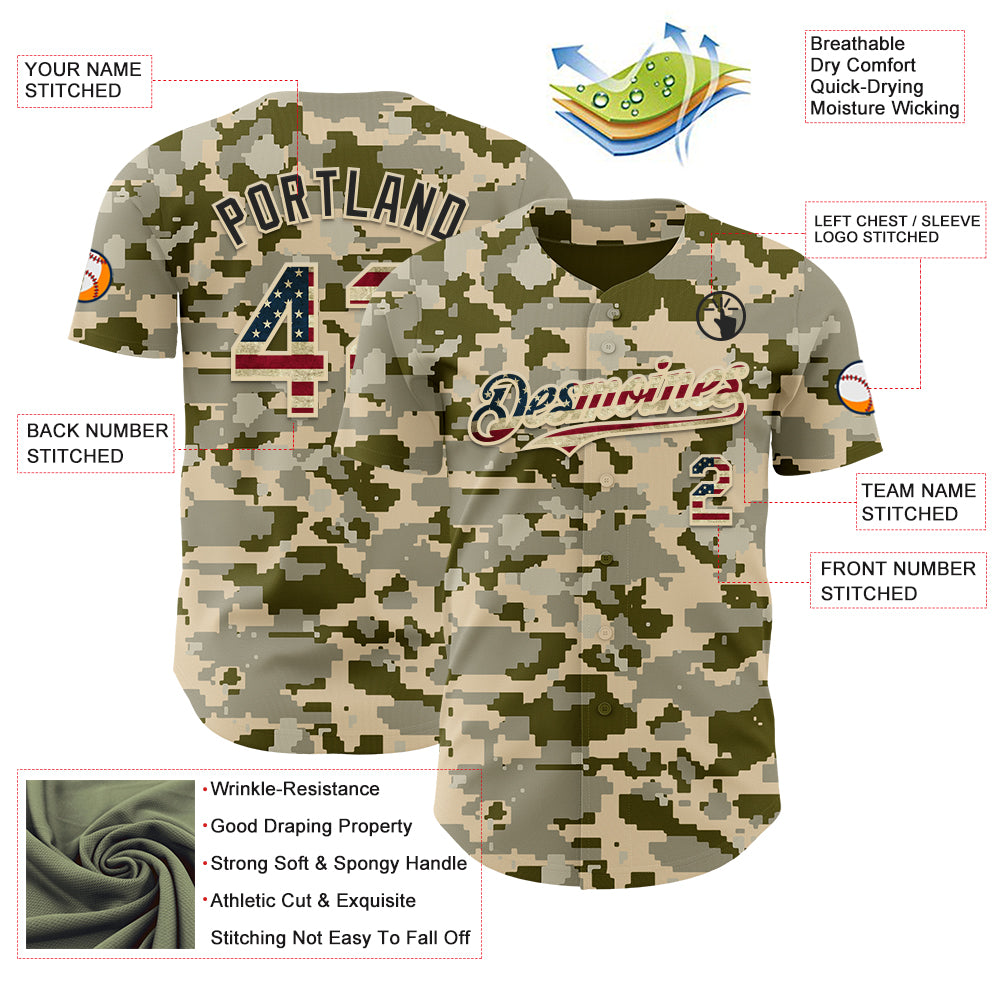 Custom Camo Vintage USA Flag Cream-Black Digital Camouflage Authentic Baseball Jersey