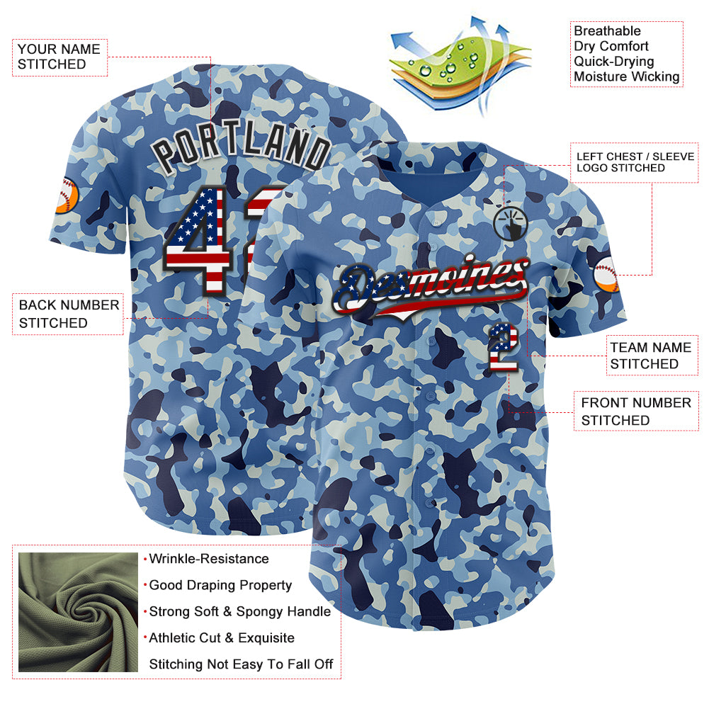 Custom Camo USA Flag Black-White Blue Ocean Camouflage Authentic Baseball Jersey