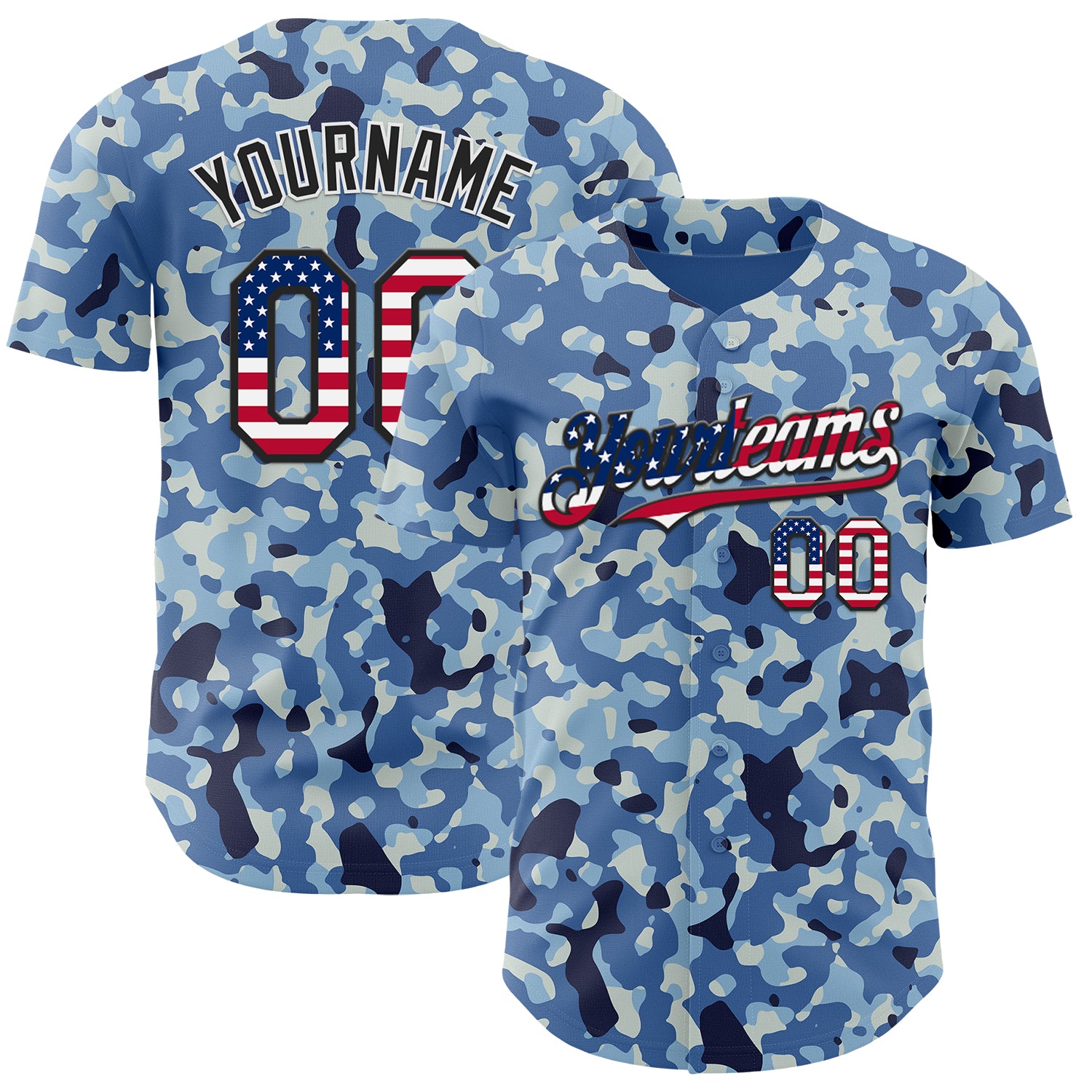 Custom Camo USA Flag Black-White Blue Ocean Camouflage Authentic Baseball Jersey