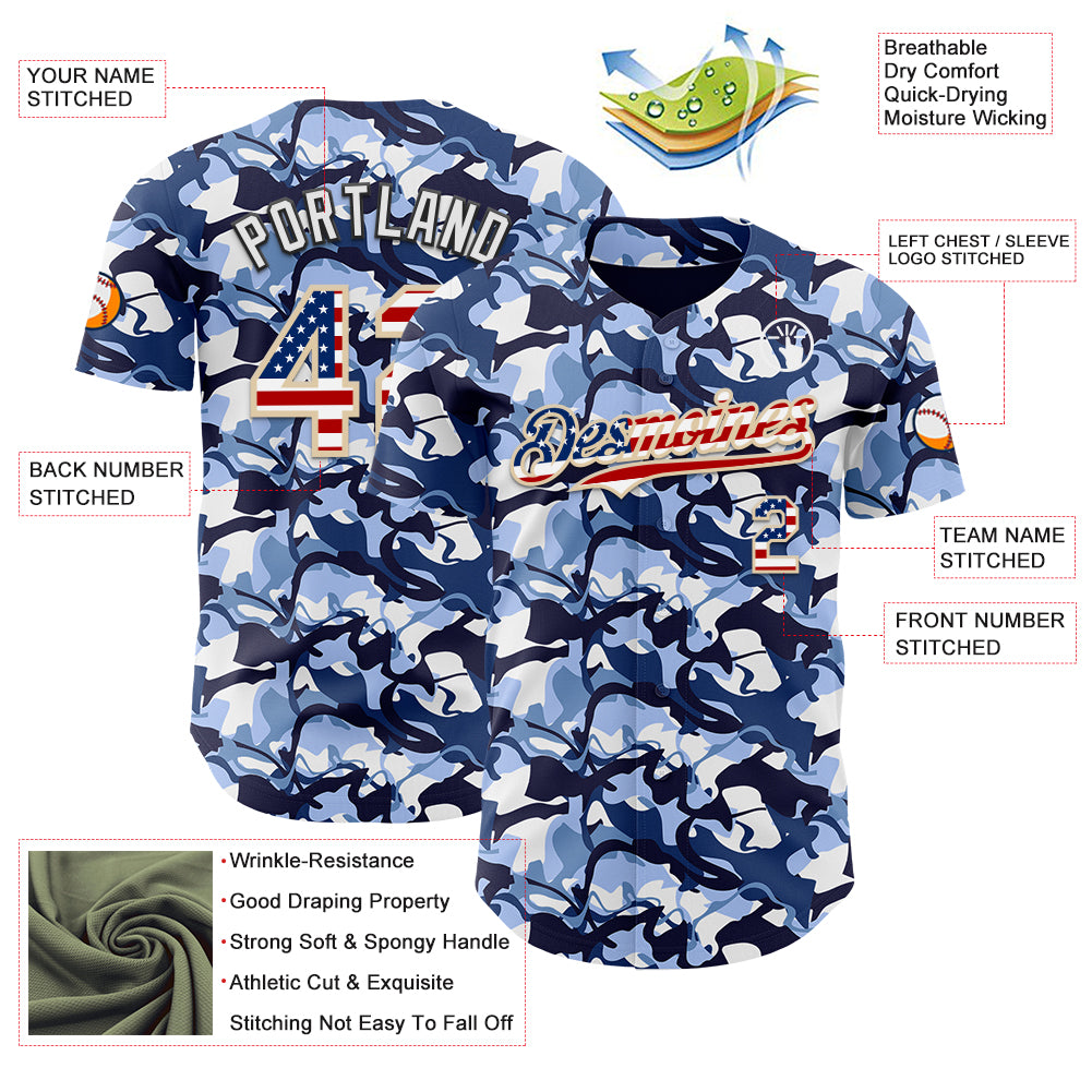 Custom Camo USA Flag City Cream Black-White Blue Ocean Camouflage Authentic Baseball Jersey