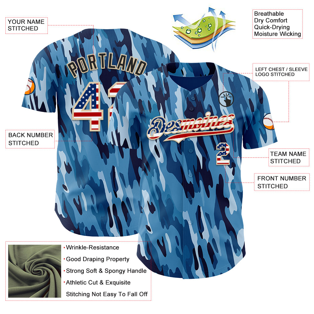 Custom Camo USA Flag City Cream-Black Blue Ocean Camouflage Authentic Baseball Jersey