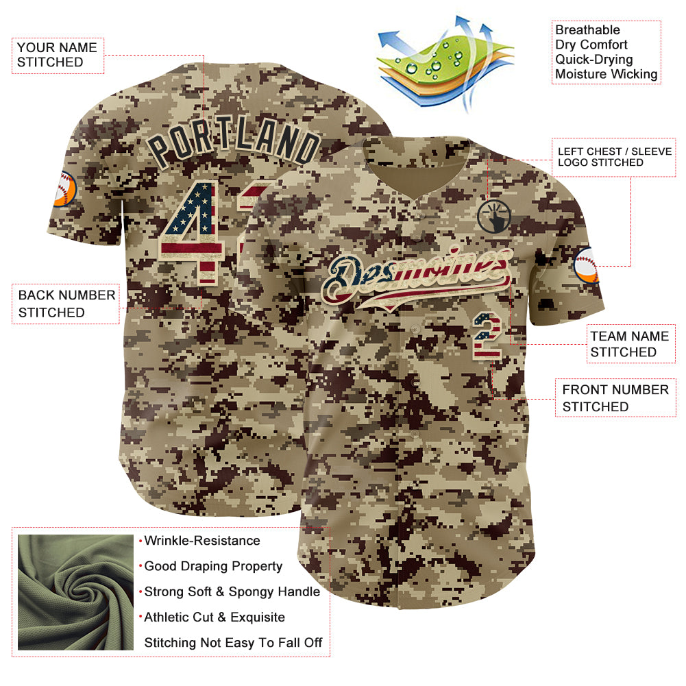 Custom Camo Vintage USA Flag Cream-Black Digital Camouflage Authentic Baseball Jersey