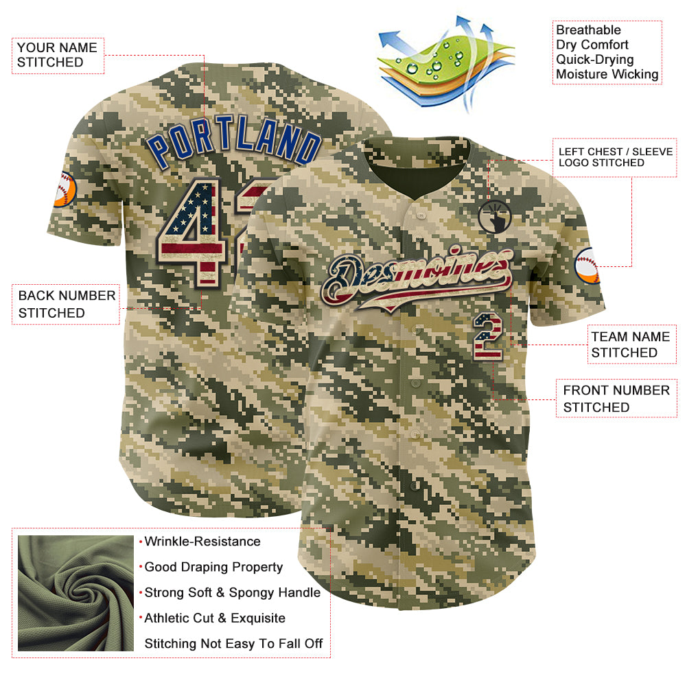 Custom Camo Vintage USA Flag Cream Black-US Navy Blue Digital Camouflage Authentic Baseball Jersey