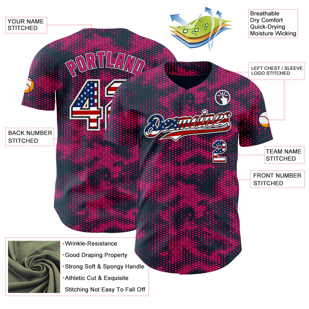 Custom Camo USA Flag Black White-Hot Pink Geometric Camouflage Authentic Baseball Jersey