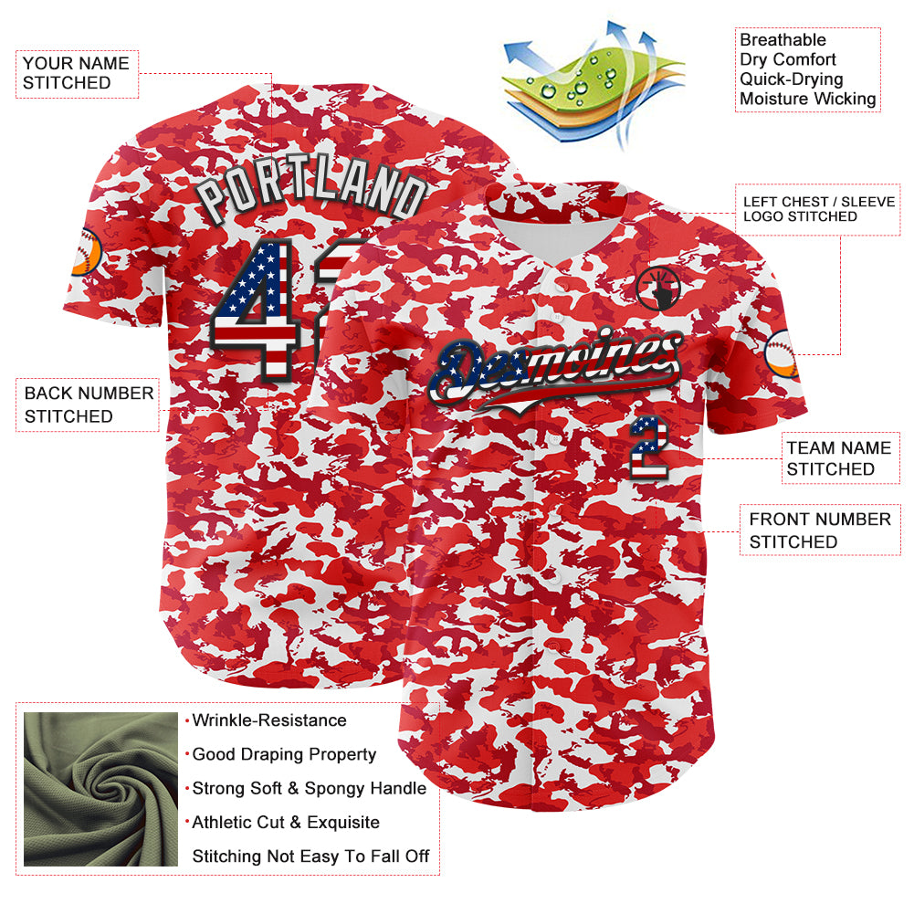 Custom Camo USA Flag Black-White Red Camouflage Authentic Baseball Jersey