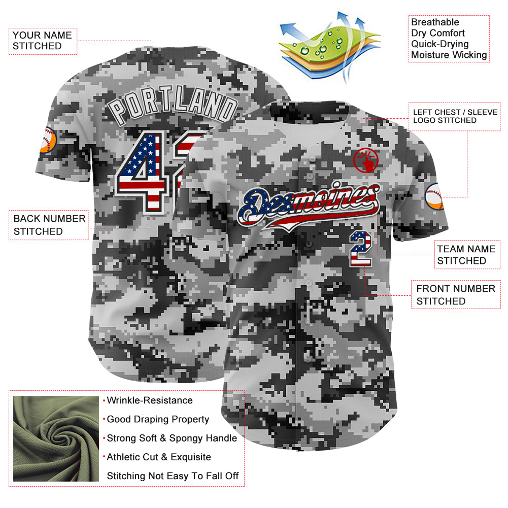 Custom Camo USA Flag Black-White Digital Camouflage Authentic Baseball Jersey