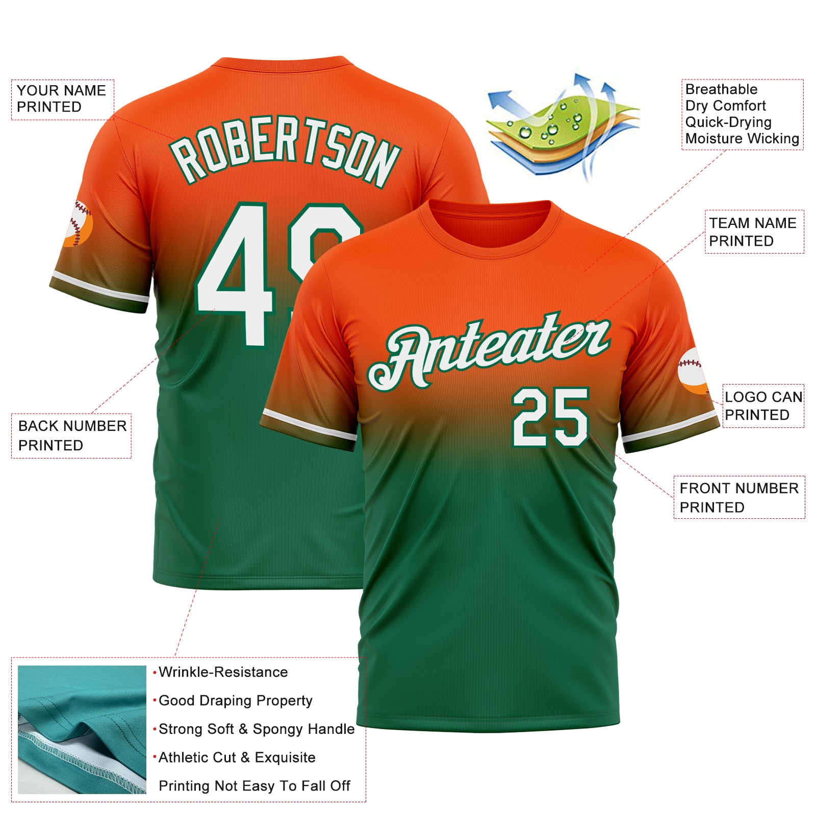 Custom Orange White-Kelly Green Fade Fashion Performance T-Shirt