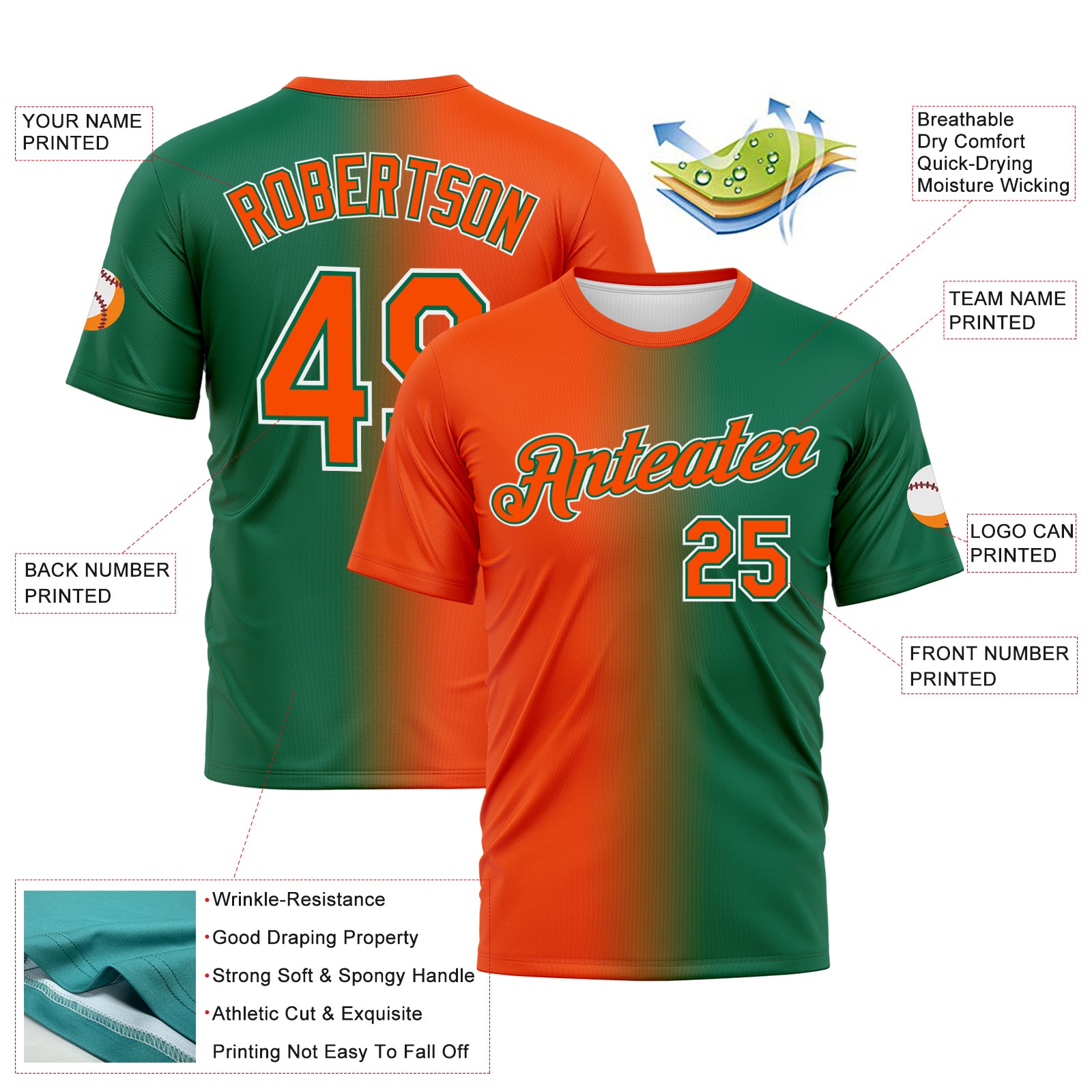 Custom Kelly Green Orange-White Gradient Fashion Performance T-Shirt