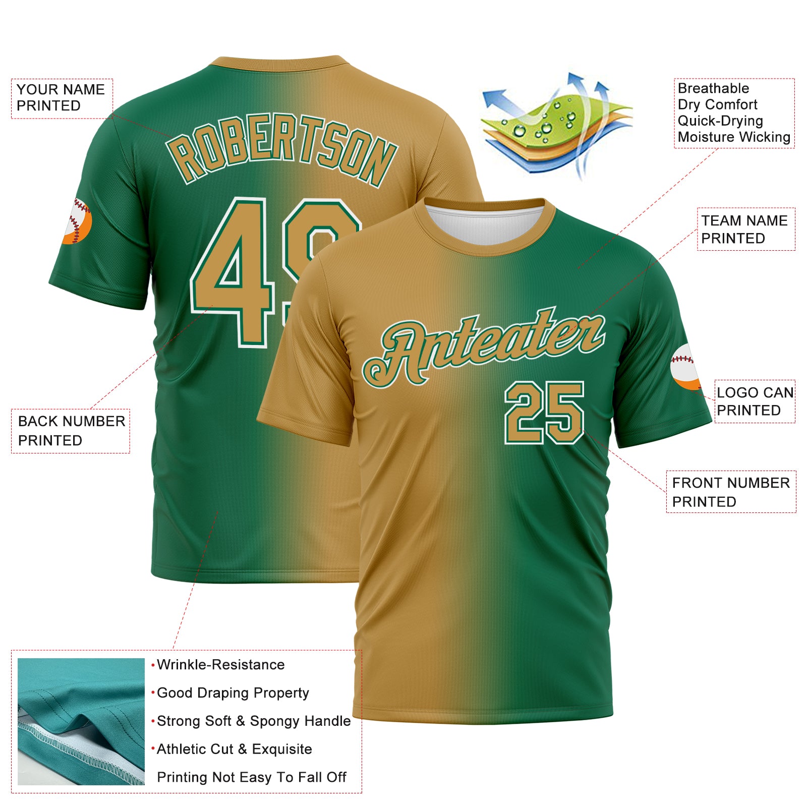 Custom Kelly Green Old Gold-White Gradient Fashion Performance T-Shirt