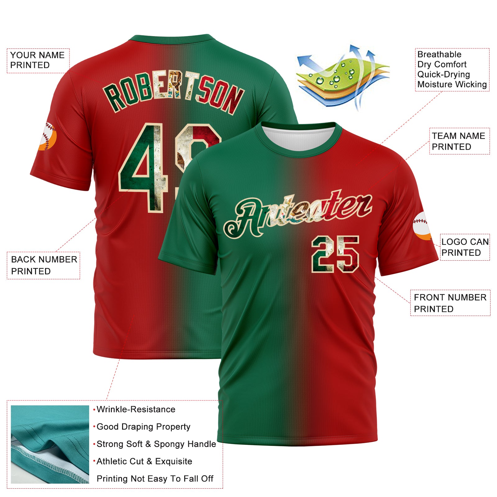 Custom Red Vintage Mexican Flag Kelly Green-City Cream Gradient Fashion Performance T-Shirt