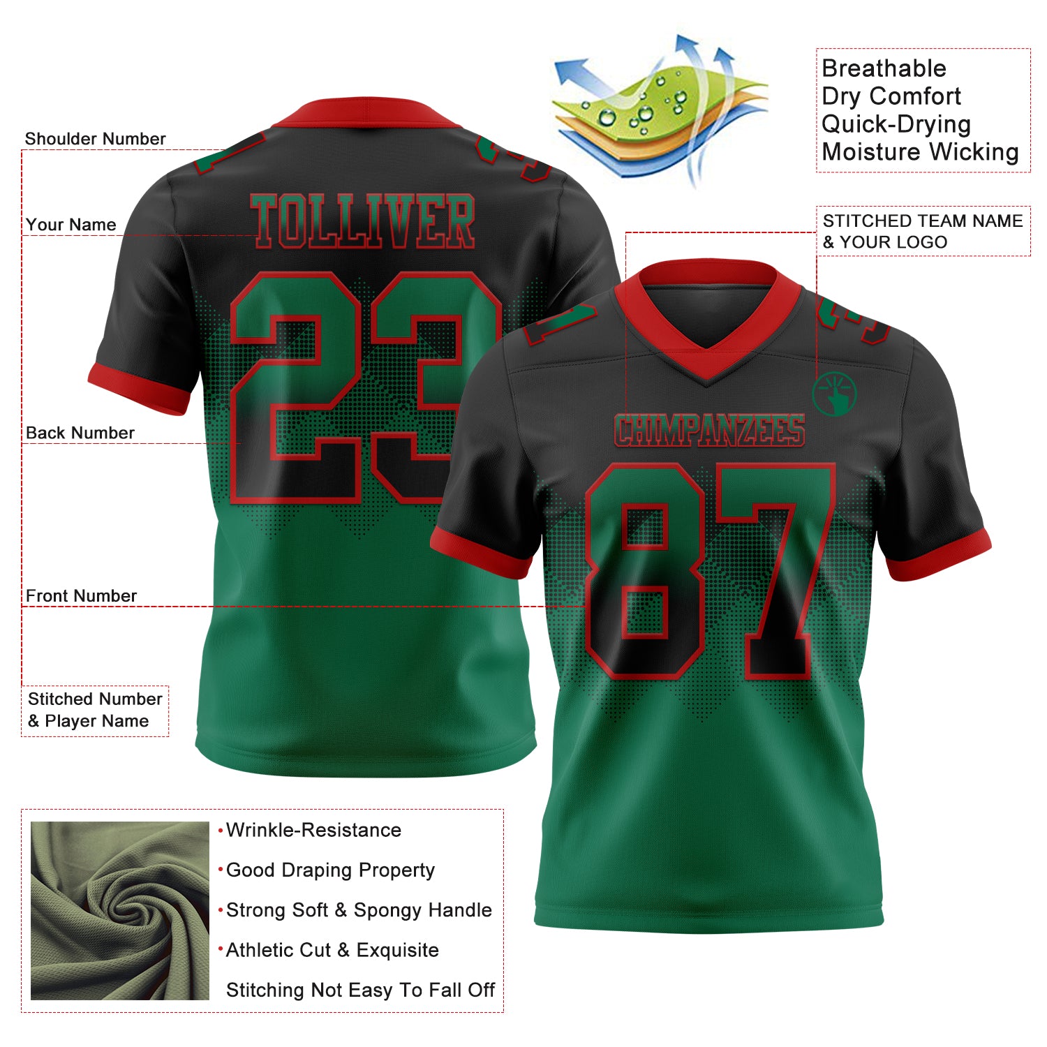 Custom Black Kelly Green-Red Authentic Gradient Square Shape  7V7 Flag Football Jersey
