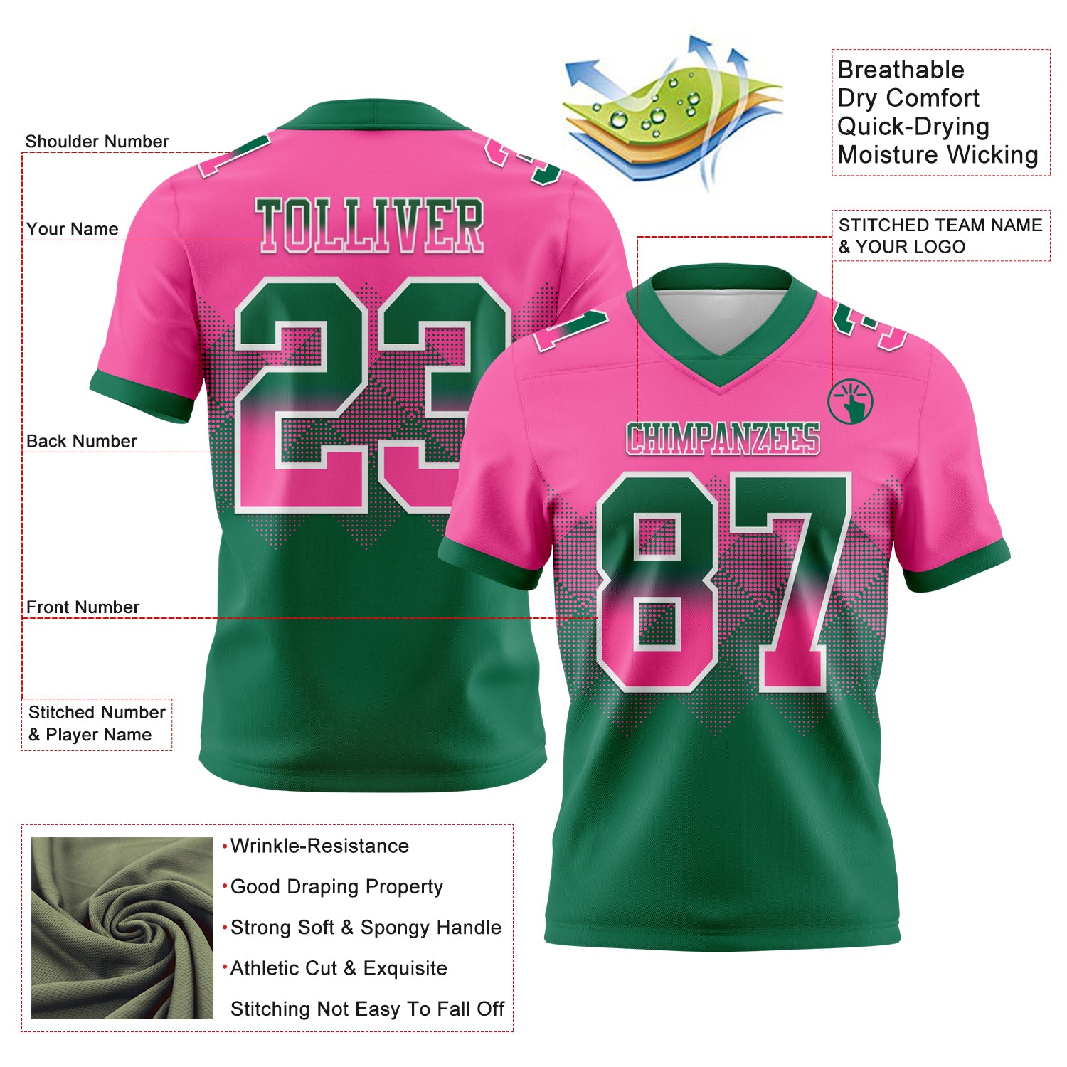 Custom Pink Kelly Green-White Authentic Gradient Square Shape 7V7 Flag Football Jersey
