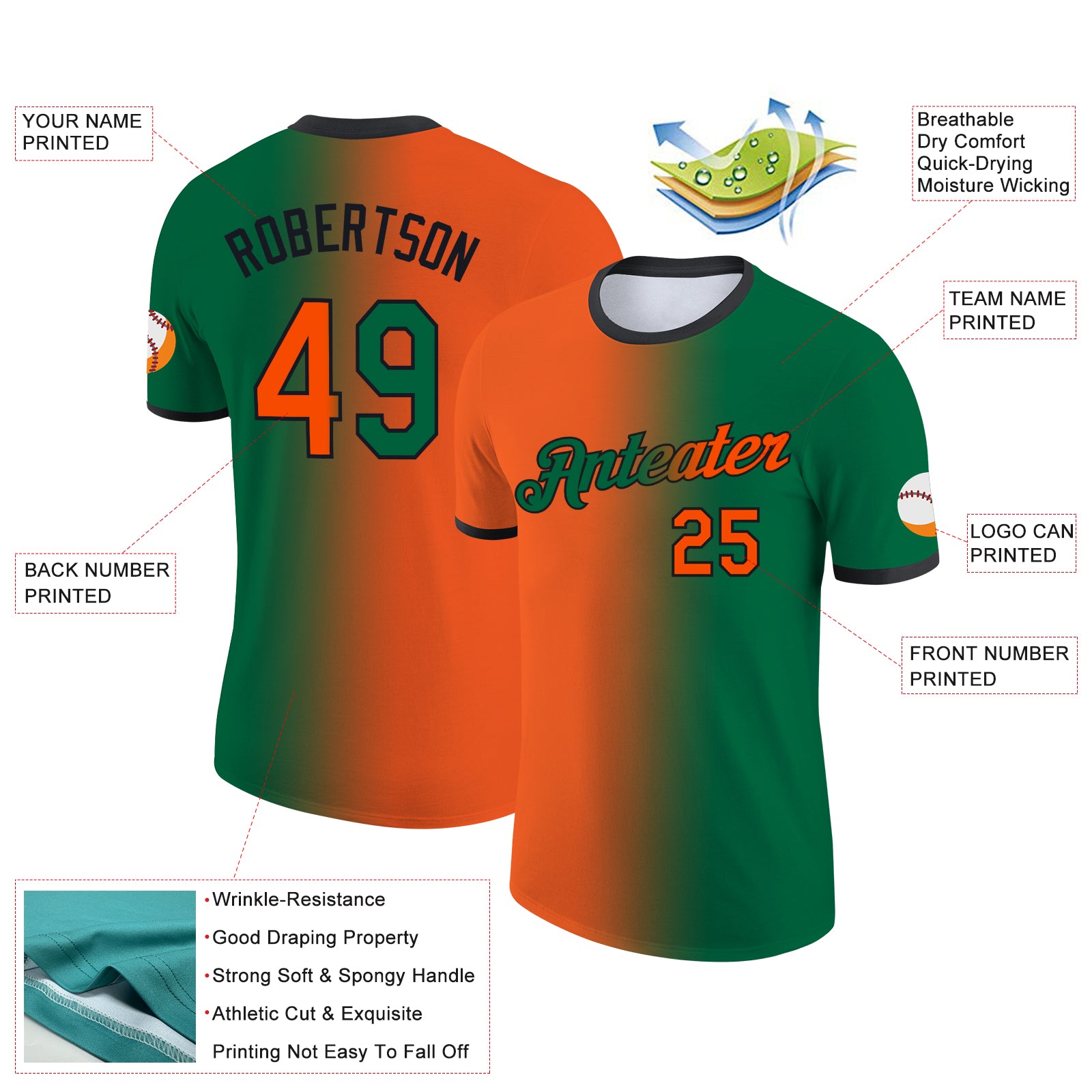 Custom Kelly Green Orange-Black Gradient Fashion Performance T-Shirt