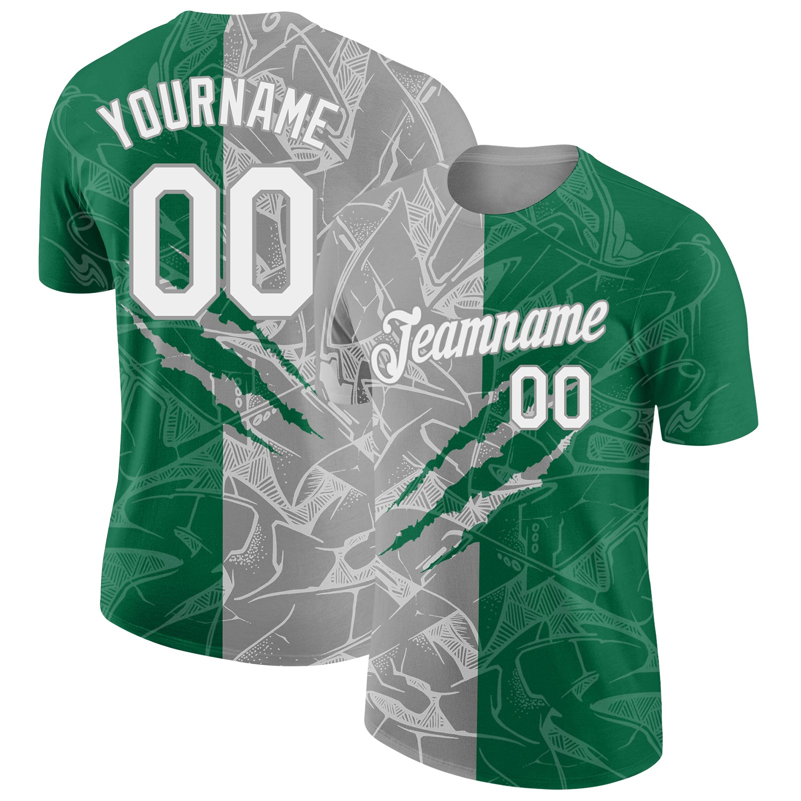 Custom Graffiti Pattern White Kelly Green-Gray Scratch 3D Performance T-Shirt