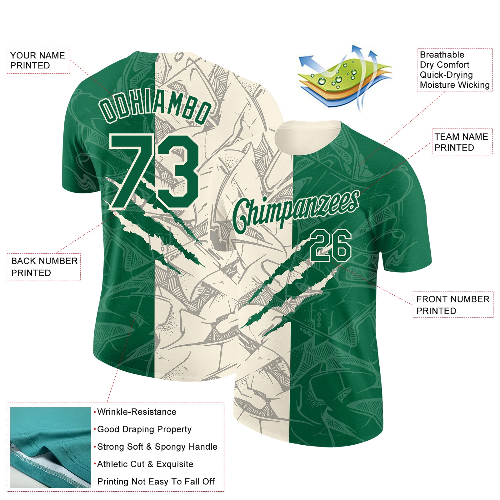 Custom Graffiti Pattern Kelly Green-Cream Scratch 3D Performance T-Shirt