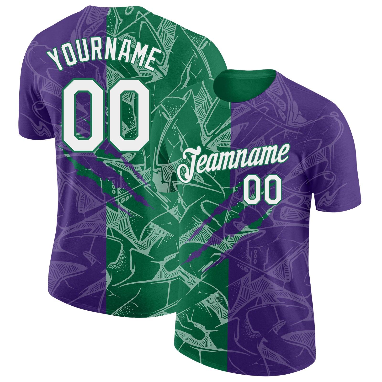 Custom Graffiti Pattern White Purple-Kelly Green Scratch 3D Performance T-Shirt