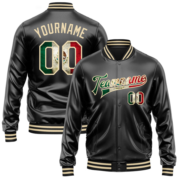 Custom Black Vintage Mexican Flag-Cream Bomber Full-Snap Varsity Faux Leather Letterman Jacket