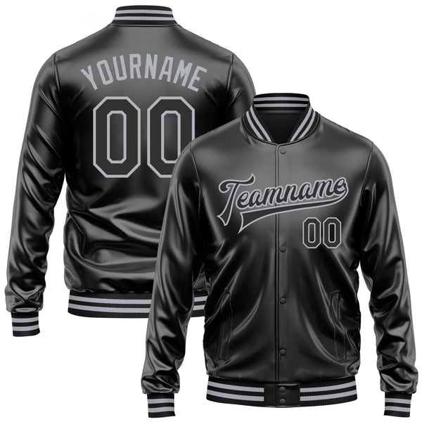 Custom Black Black-Gray Bomber Full-Snap Varsity Faux Leather Letterman Jacket