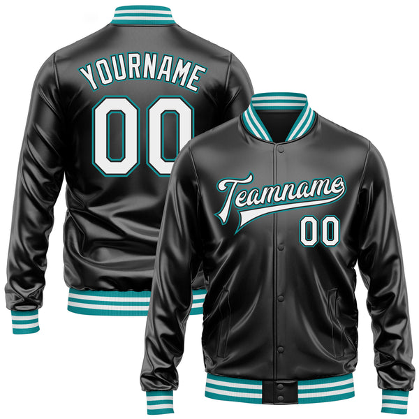 Custom Black White-Teal Bomber Full-Snap Varsity Faux Leather Letterman Jacket