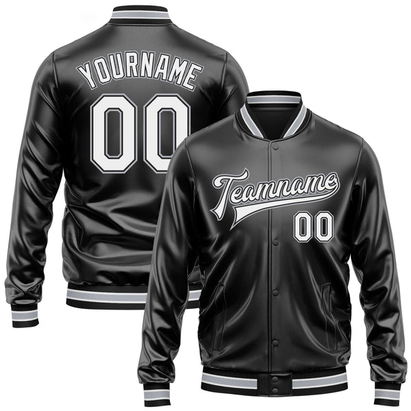 Custom Black White-Gray Bomber Full-Snap Varsity Faux Leather Letterman Jacket