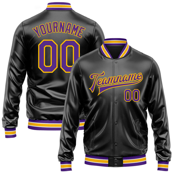 Custom Black Purple-Gold Bomber Full-Snap Varsity Faux Leather Letterman Jacket