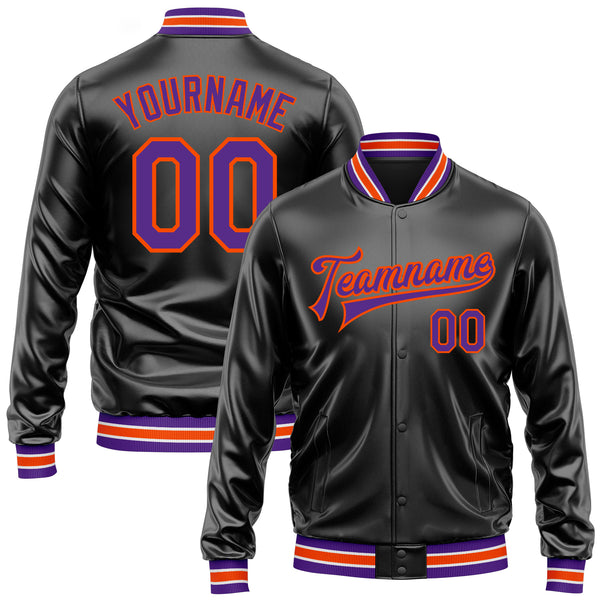Custom Black Purple-Orange Bomber Full-Snap Varsity Faux Leather Letterman Jacket