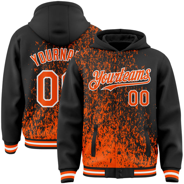 Custom Black Orange-White Abstract Fragment Art 3D Pattern Design Bomber Full-Snap Varsity Letterman Hoodie Jacket