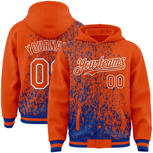Custom Royal Orange-White Abstract Fragment Art 3D Pattern Design Bomber Full-Snap Varsity Letterman Hoodie Jacket