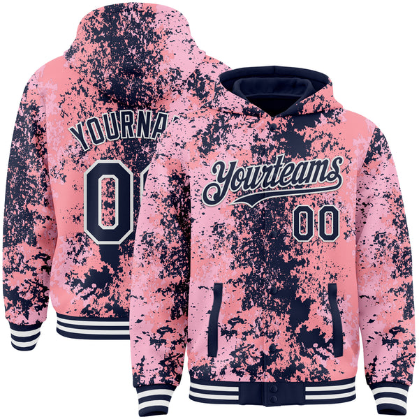Custom Pink Navy-White 3D Pattern Design Bomber Full-Snap Varsity Letterman Hoodie Jacket