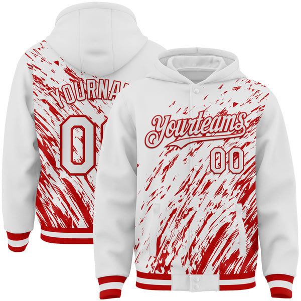 Custom White White-Red 3D Pattern Design Bomber Full-Snap Varsity Letterman Hoodie Jacket