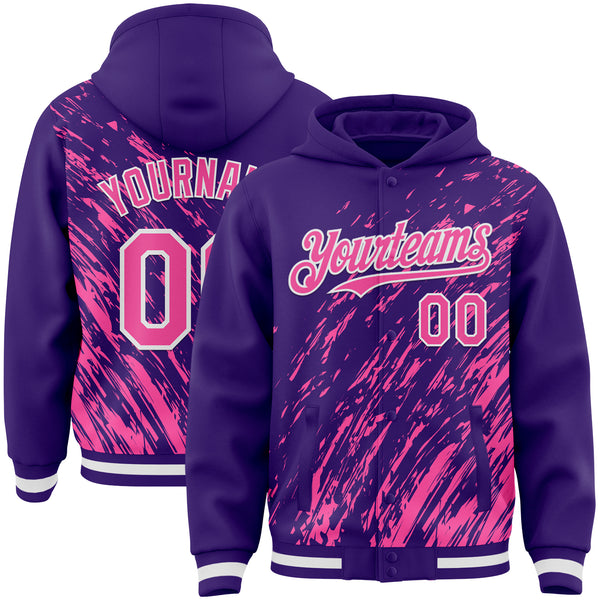 Custom Purple Pink-White 3D Pattern Design Bomber Full-Snap Varsity Letterman Hoodie Jacket