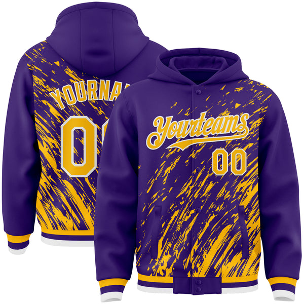 Custom Purple Gold-White 3D Pattern Design Bomber Full-Snap Varsity Letterman Hoodie Jacket