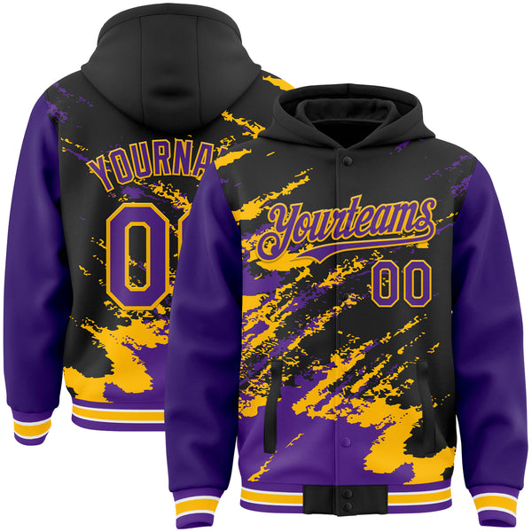 Custom Black Purple Gold-White Splash Art 3D Pattern Design Bomber Full-Snap Varsity Letterman Hoodie Jacket