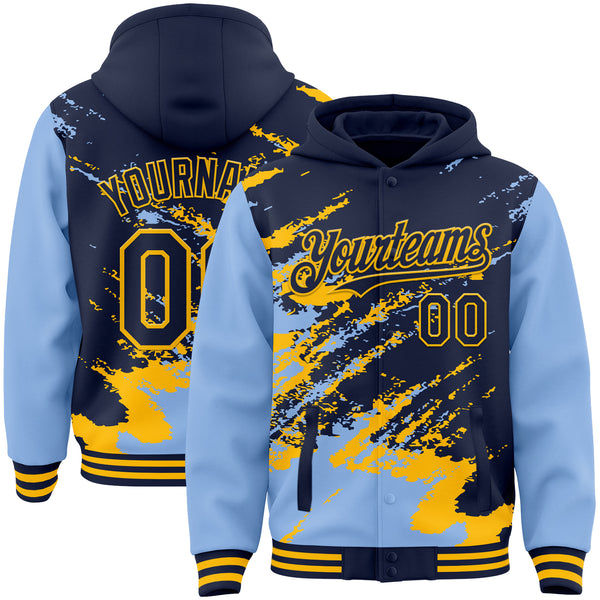 Custom Navy Light Blue-Gold Splash Art 3D Pattern Design Bomber Full-Snap Varsity Letterman Hoodie Jacket