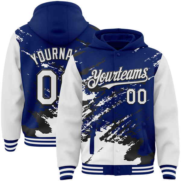 Custom Royal White-Black Splash Art 3D Pattern Design Bomber Full-Snap Varsity Letterman Hoodie Jacket
