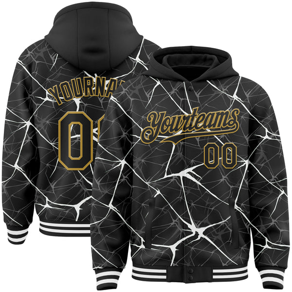 Custom Black White-Old Gold Abstract Network 3D Pattern Design Bomber Full-Snap Varsity Letterman Hoodie Jacket