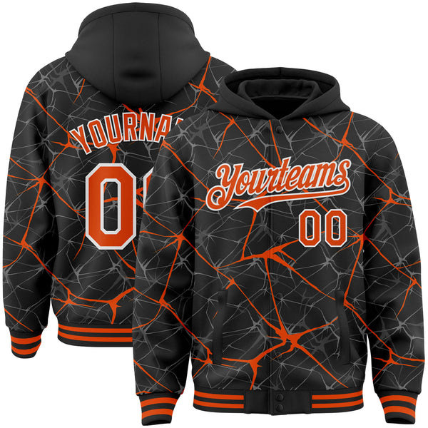 Custom Black Orange-White Abstract Network 3D Pattern Design Bomber Full-Snap Varsity Letterman Hoodie Jacket