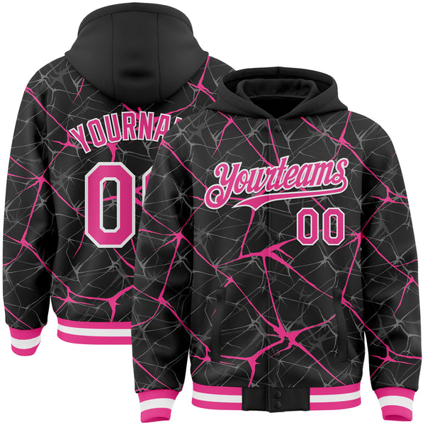 Custom Black Pink-White Abstract Network 3D Pattern Design Bomber Full-Snap Varsity Letterman Hoodie Jacket
