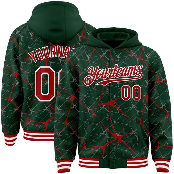 Custom Green Red-White Abstract Network 3D Pattern Design Bomber Full-Snap Varsity Letterman Hoodie Jacket