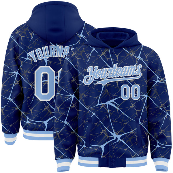 Custom Royal Light Blue-White Abstract Network 3D Pattern Design Bomber Full-Snap Varsity Letterman Hoodie Jacket